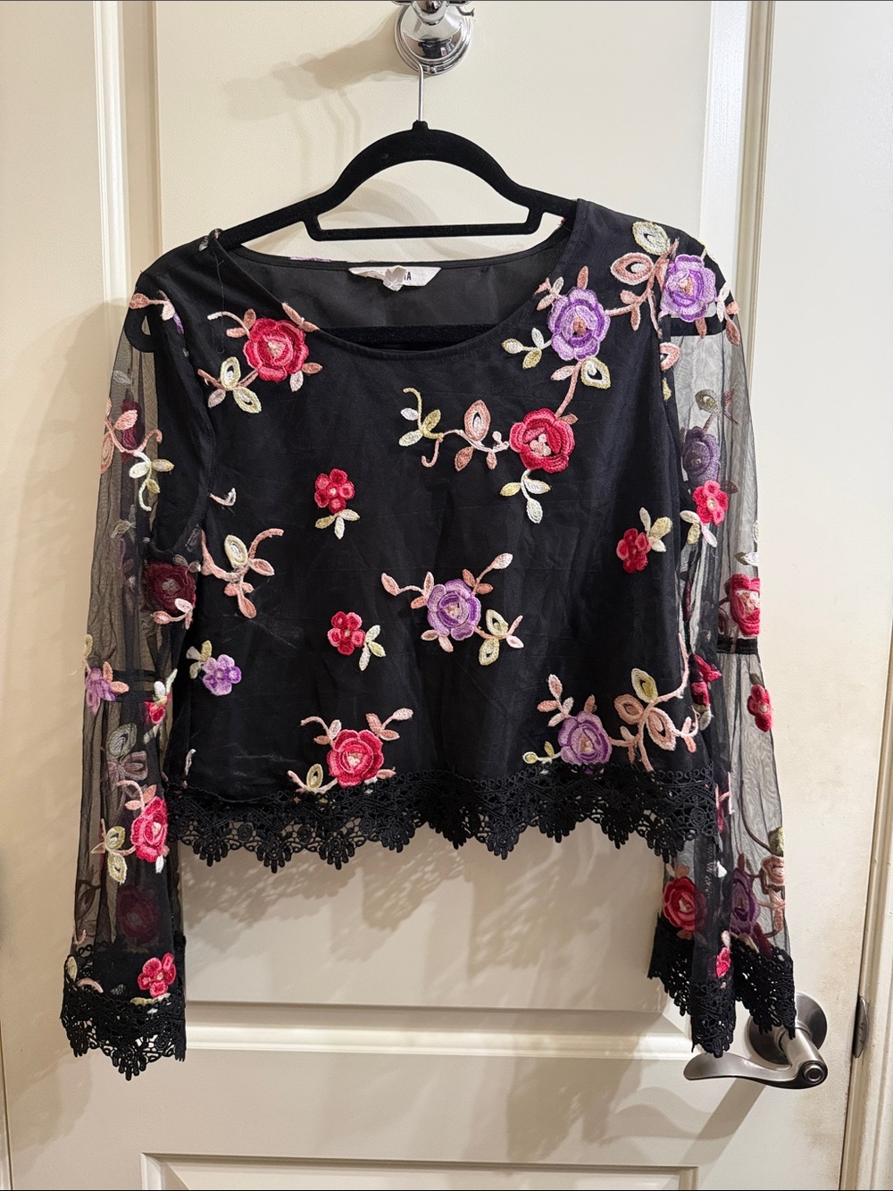 BB Dakota Black Mesh Crop Top with Pink & Purple Floral Embroidery